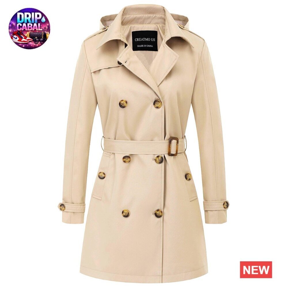 Classic Double-Breasted Trench Coat Slim Fit Detachable Hood Water-Repellent
